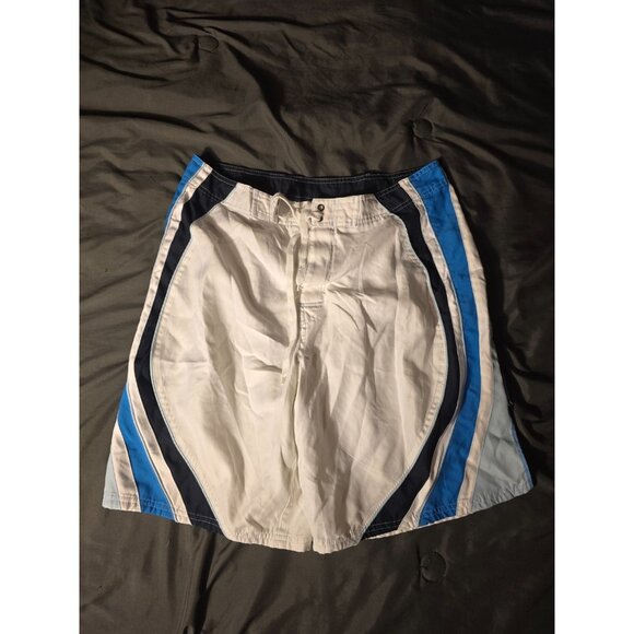 No Boundaries Other - Mens Swimsuit Board Shorts White Blue Stripes Size 34 Medium Swim Trunks